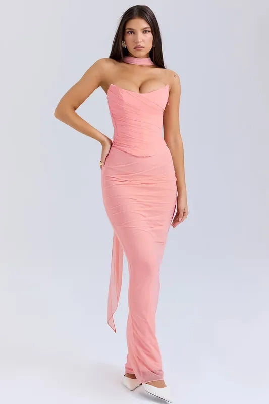 Draped Mesh Corset With Skirt Set