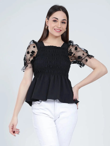 Flock Print Tulle Sleeves Smocking Top