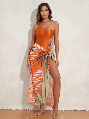 Bead Cut Out Monokini With Sarong