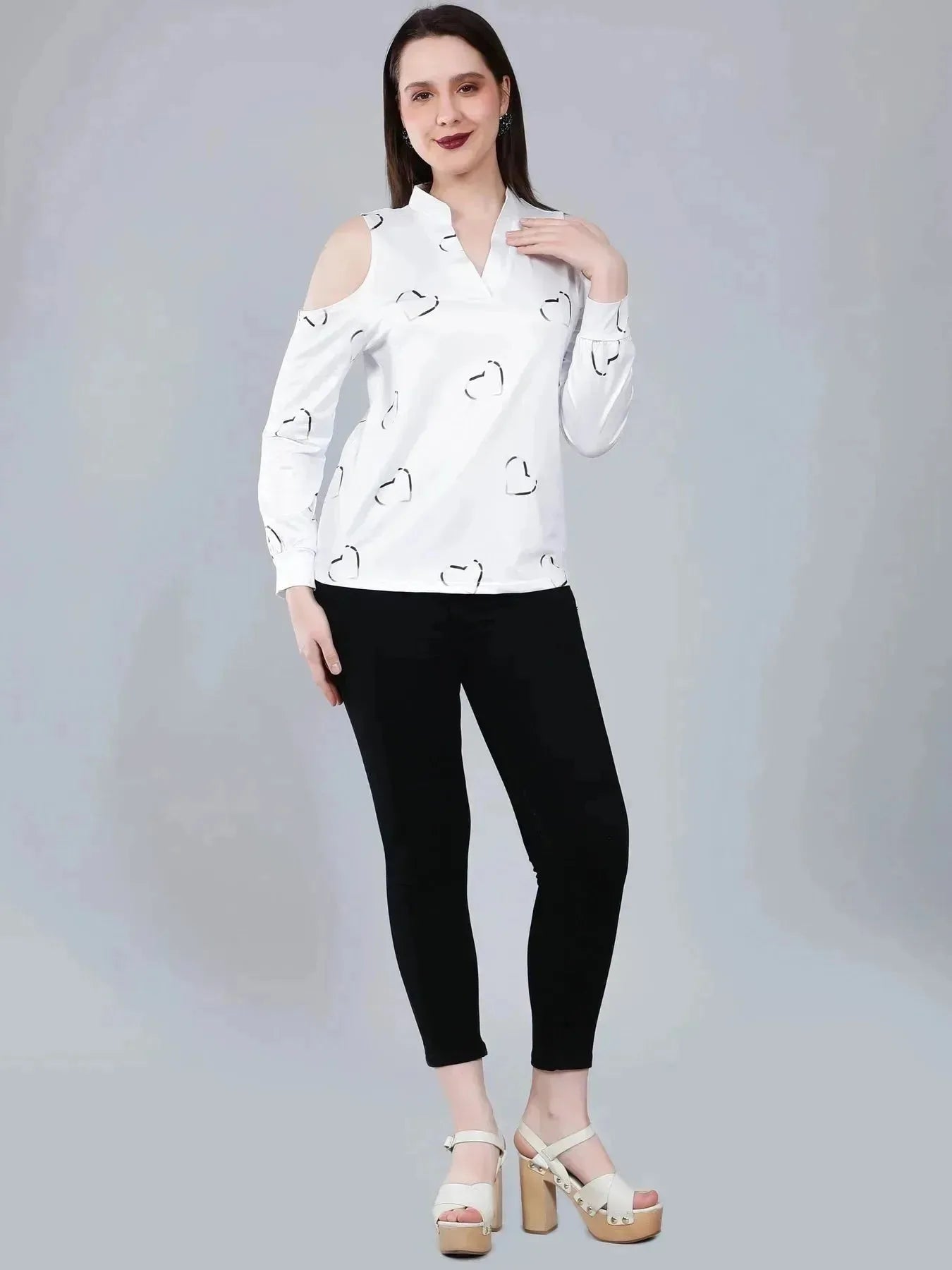 Cold Shoulder Heart Printed Blouse