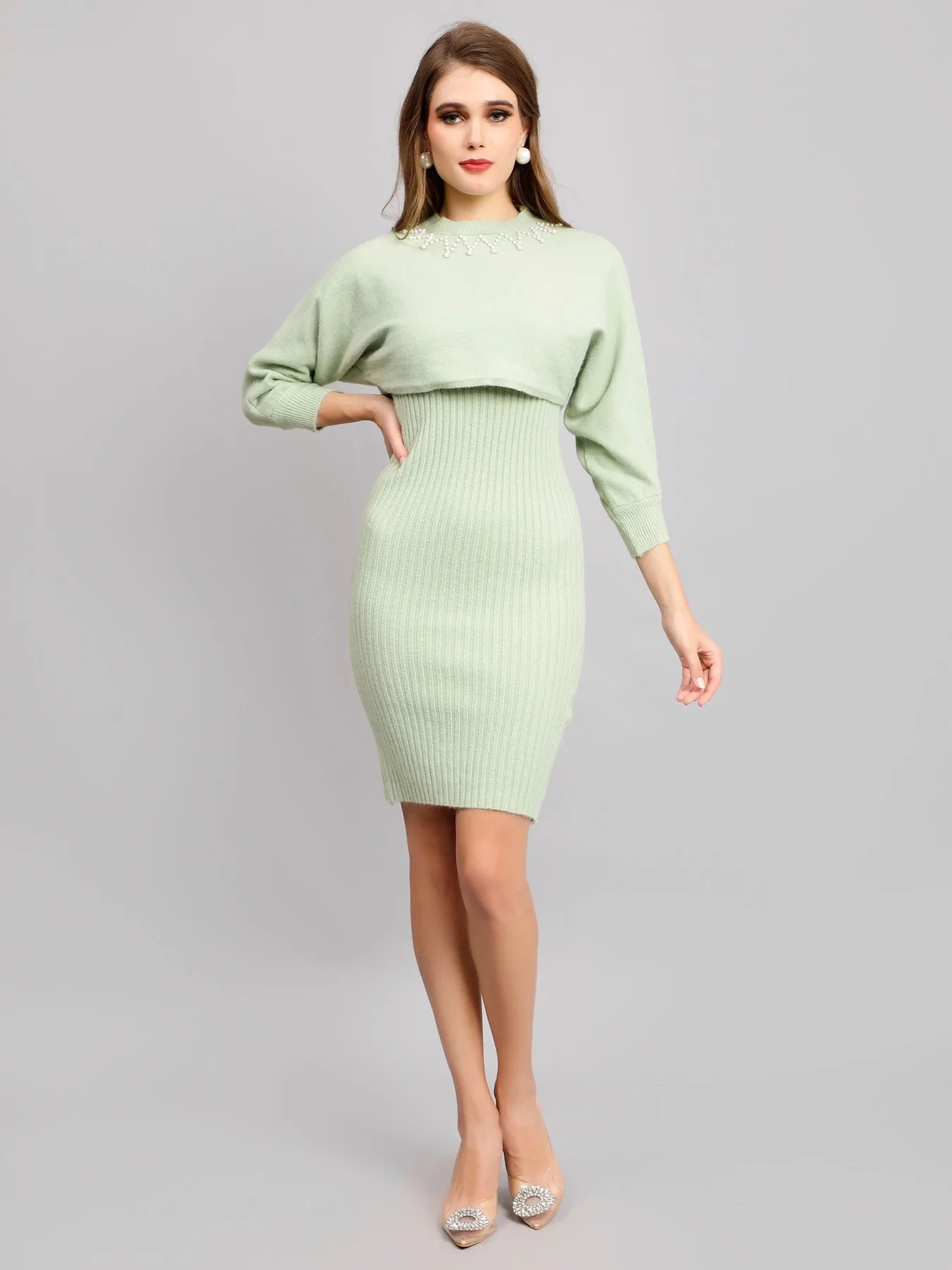 Pearl Embellished Winter Knitted Two-Piece Set