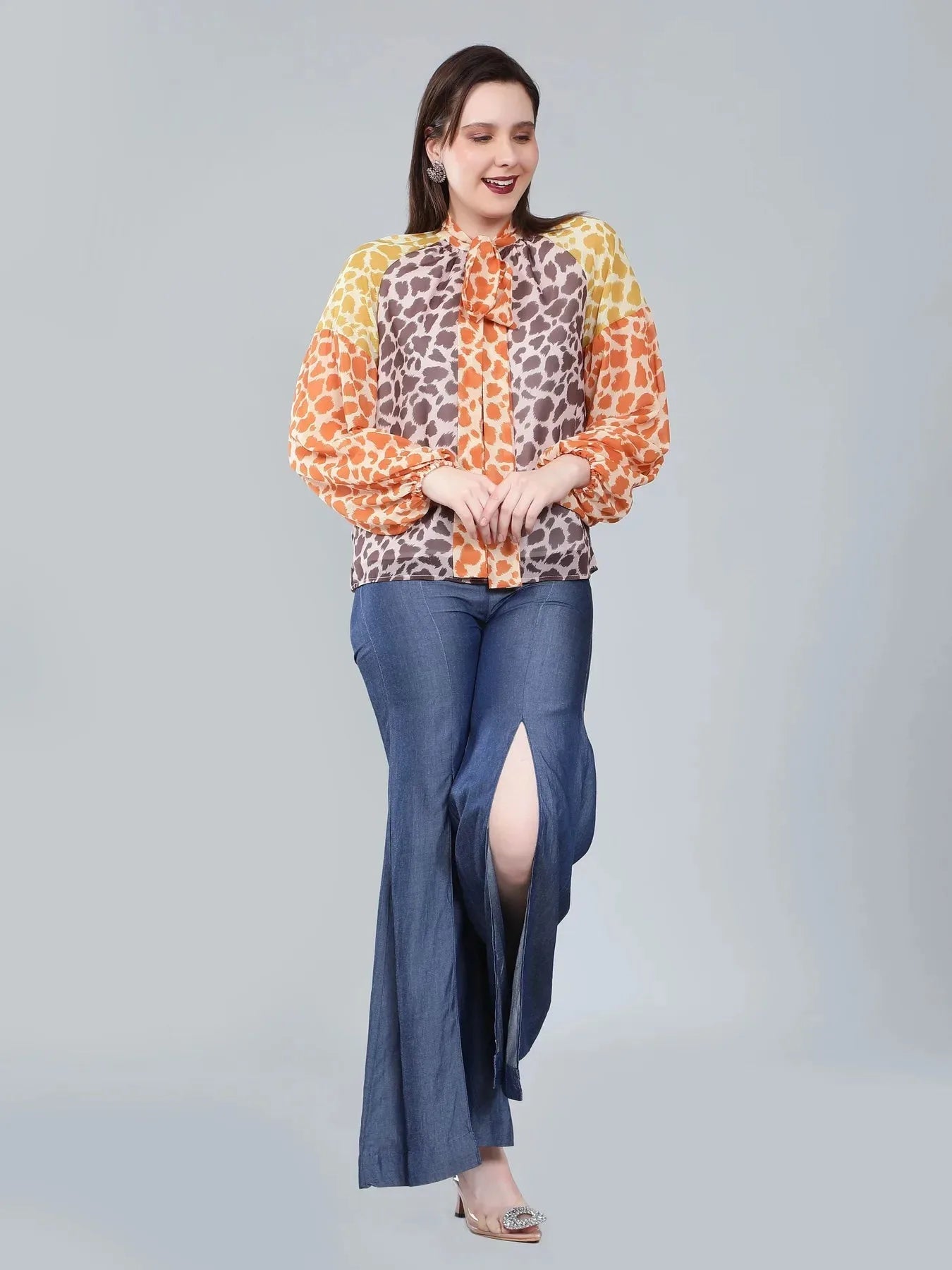 Leopard Print Colorblock Tie Neck Blouse