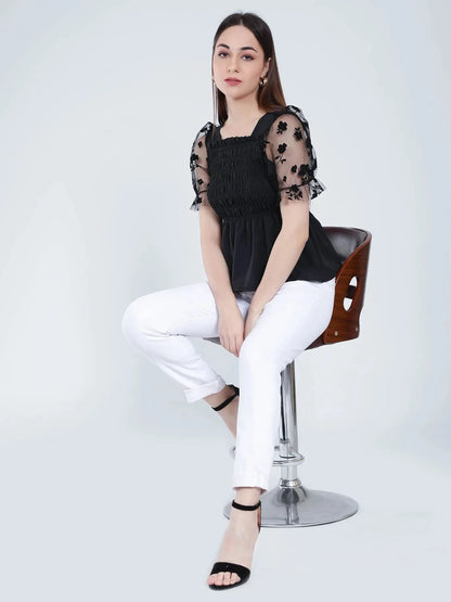 Flock Print Tulle Sleeves Smocking Top