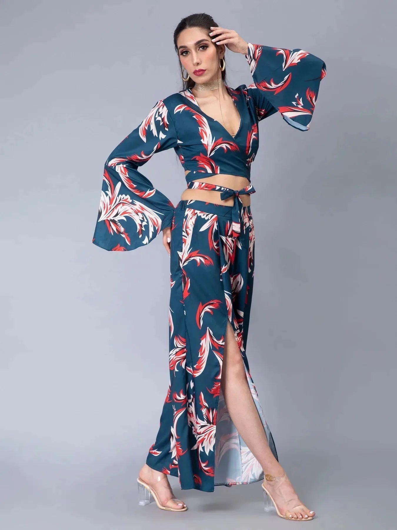 Tie Belt Wrap Top With Pants Set