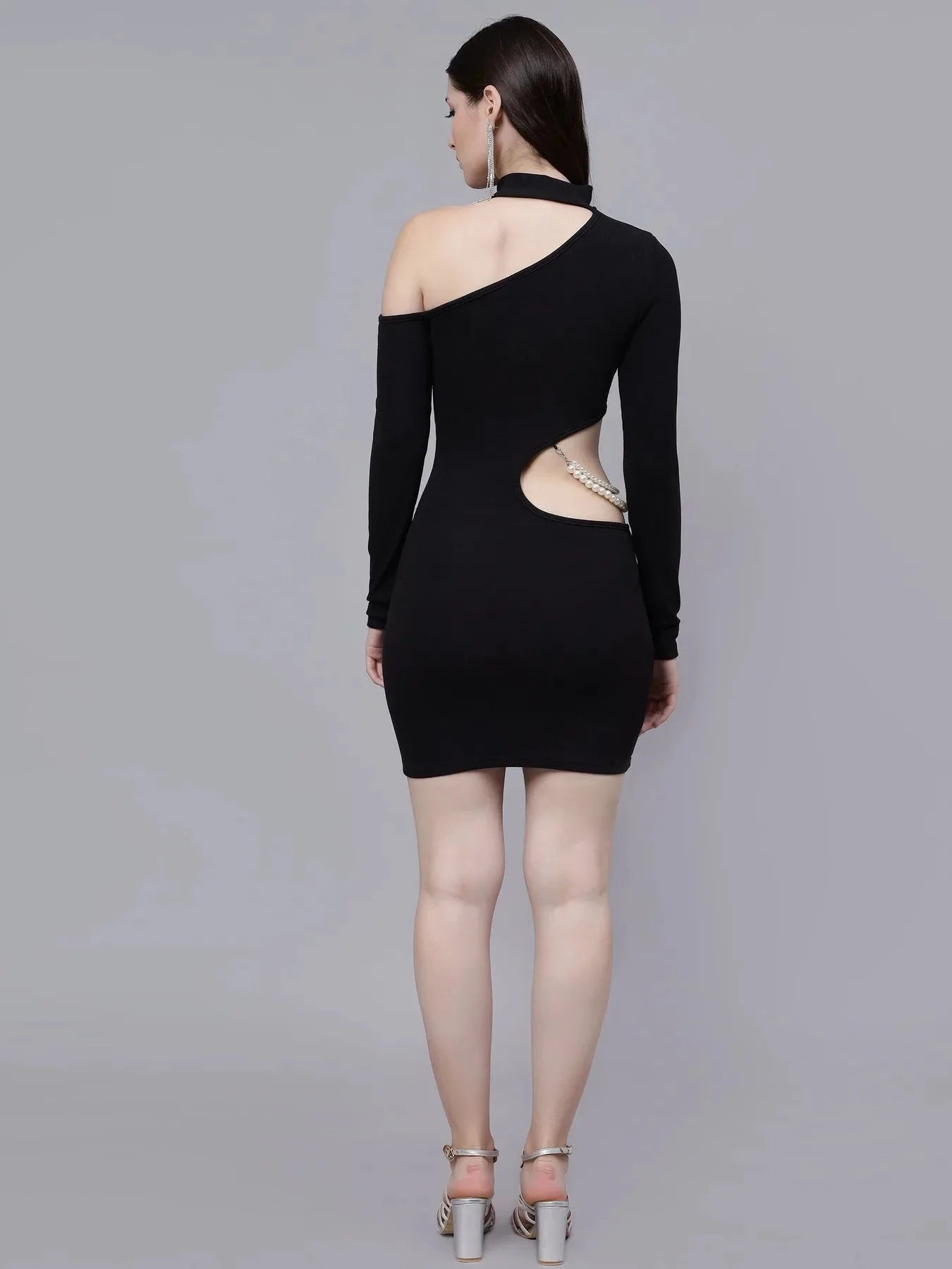 Pearl Detail Asymmetric Neck Cutout Dress