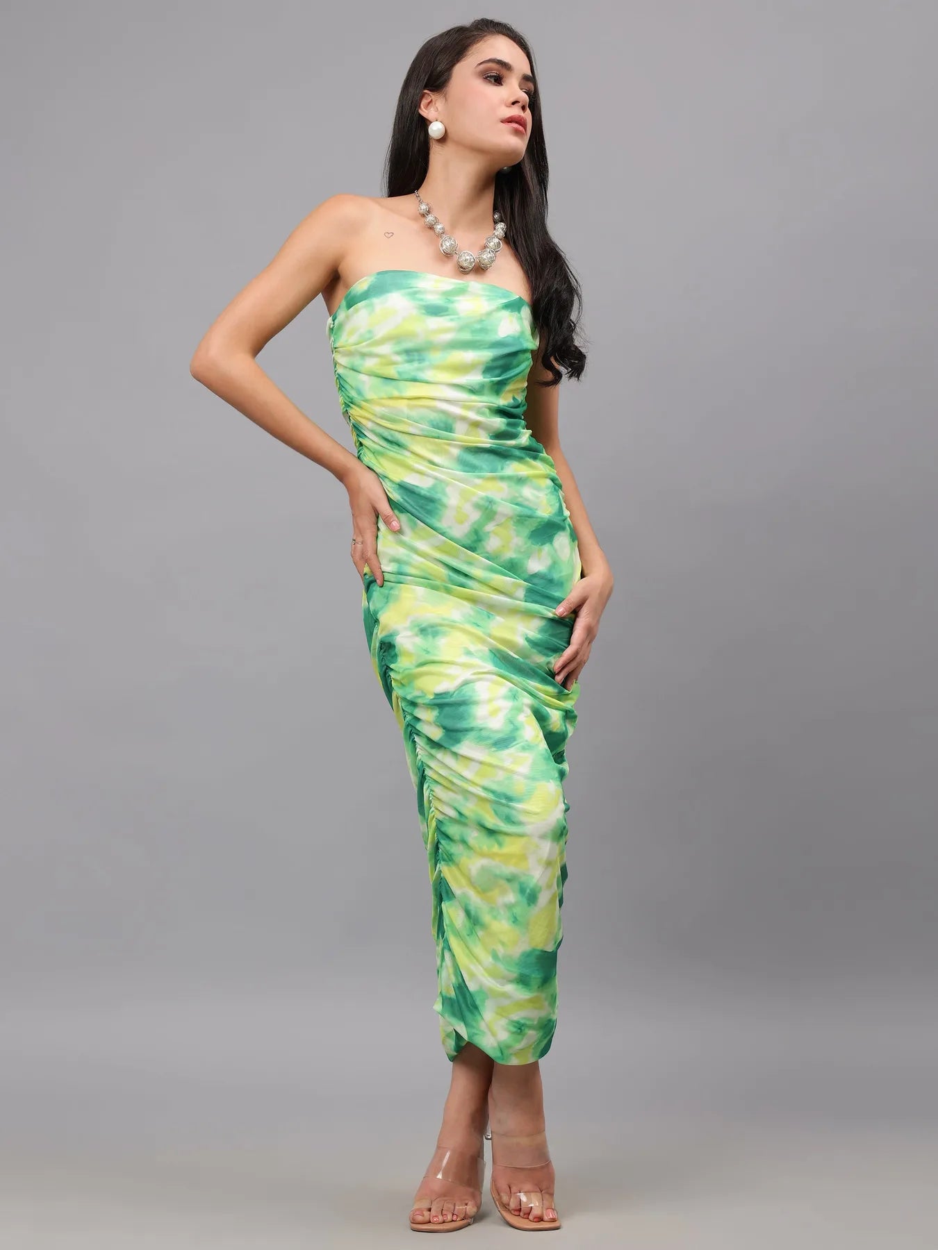 Ruched Printed Tulle Dress