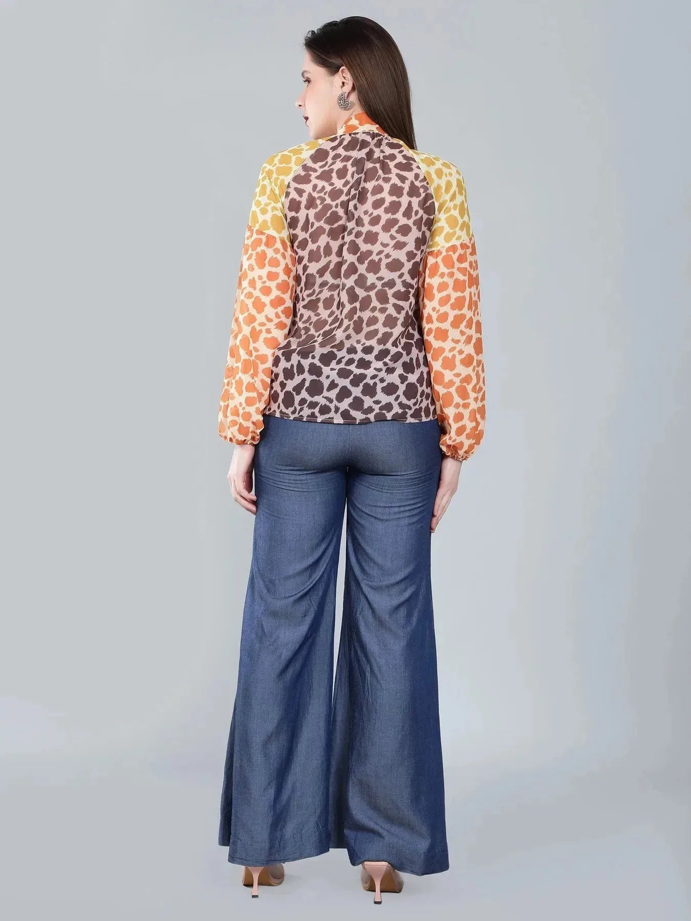 Leopard Print Colorblock Tie Neck Blouse