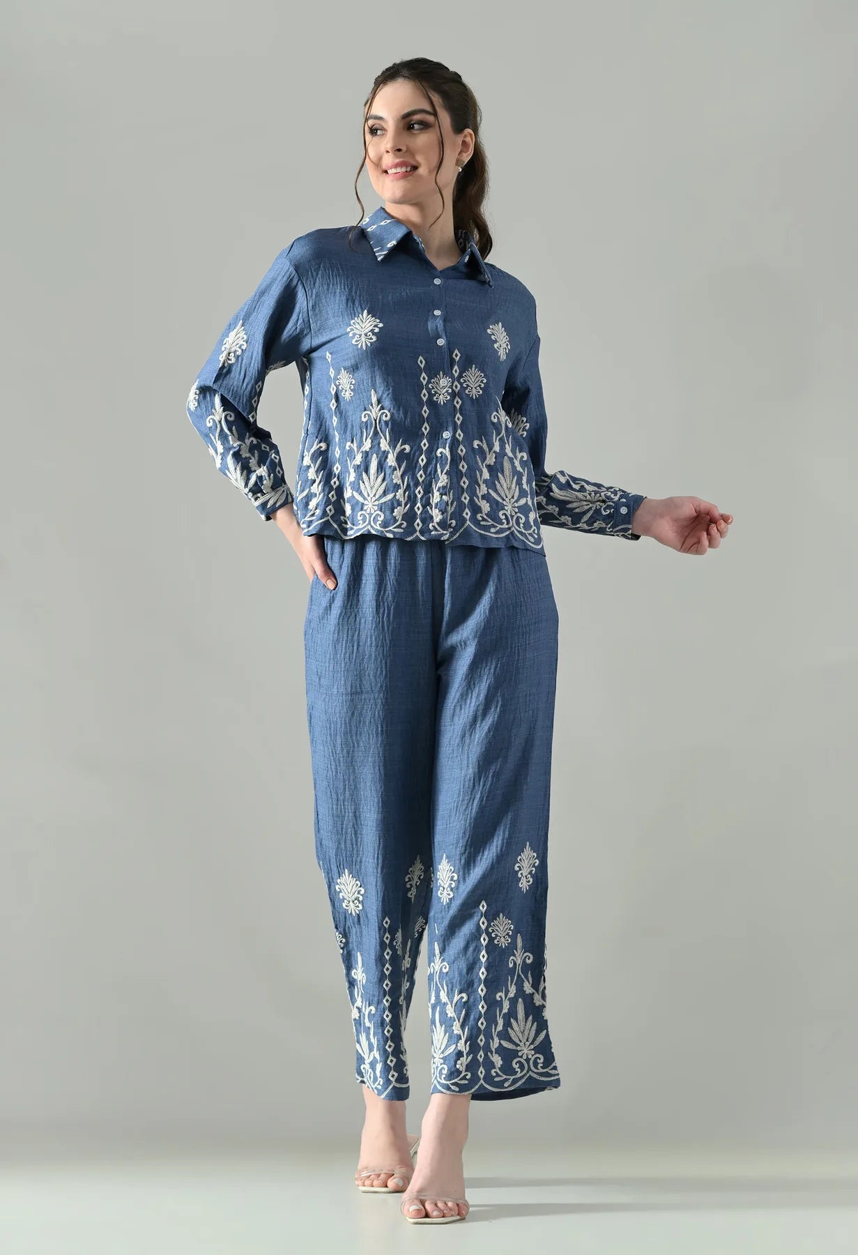Embroidered Denim Ease Co-ord Set