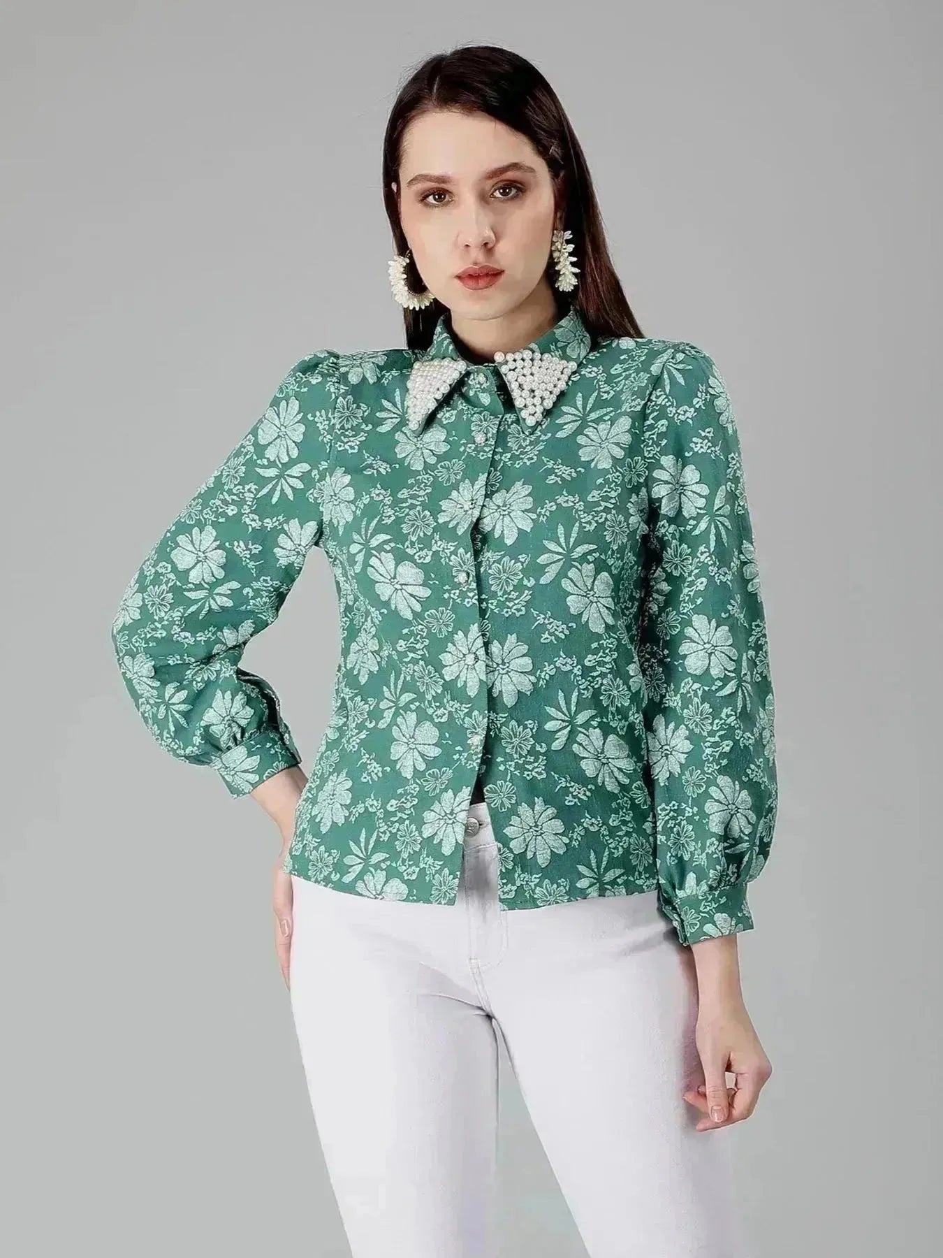 Pearl Beading Jacquard Shirt
