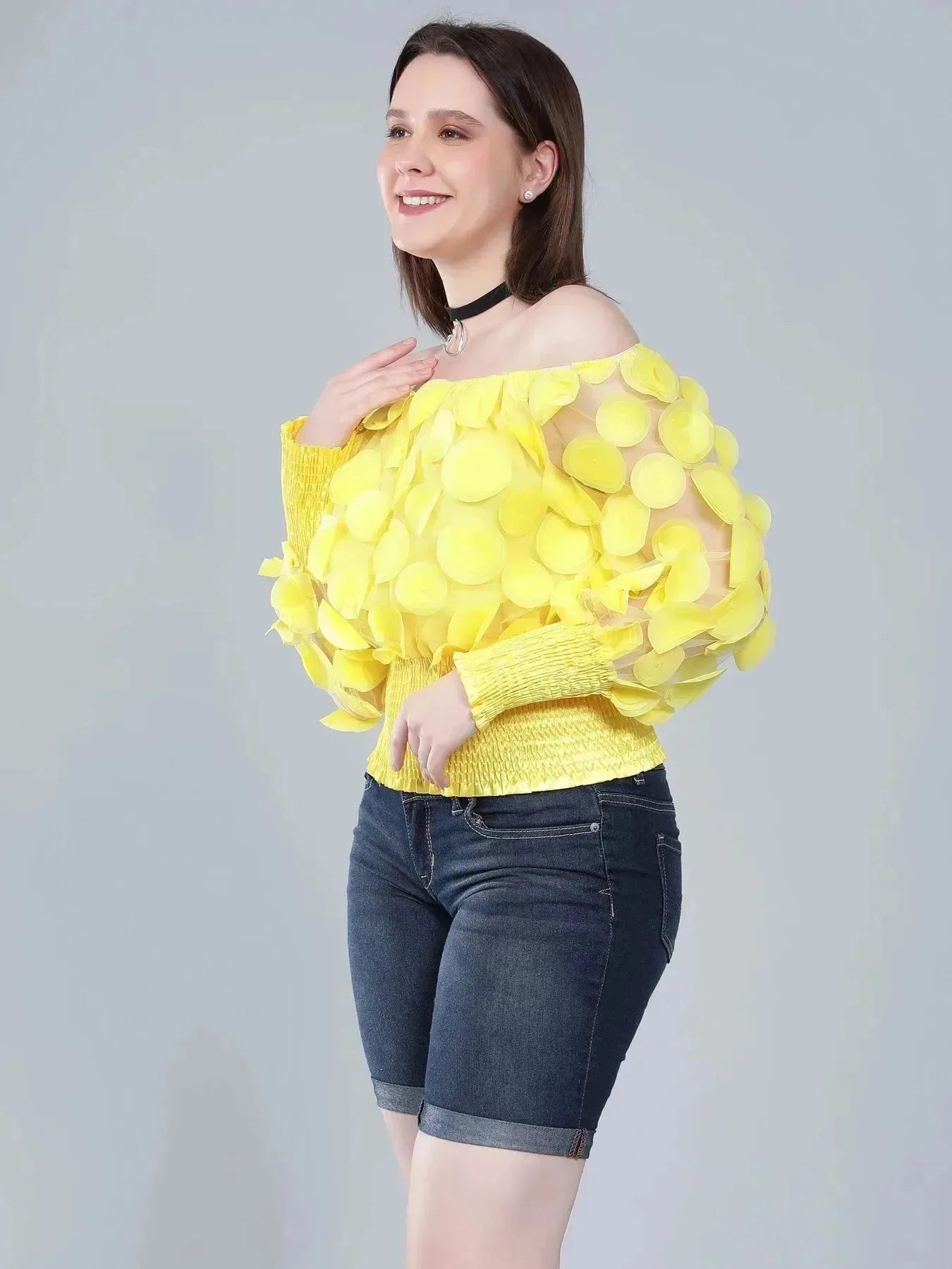 Lantern Sleeve Mesh Ruched Blouse