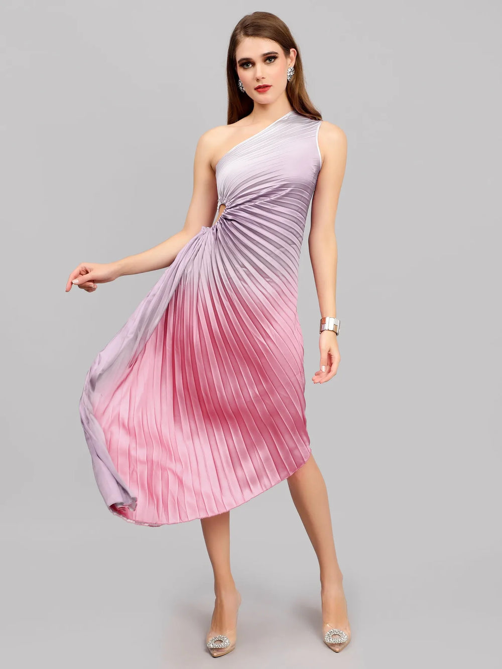 Gradient One-Shoulder Pleated Maxi Dress