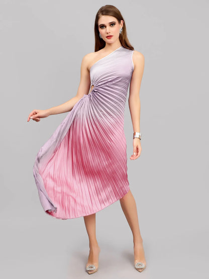 Gradient One-Shoulder Pleated Maxi Dress
