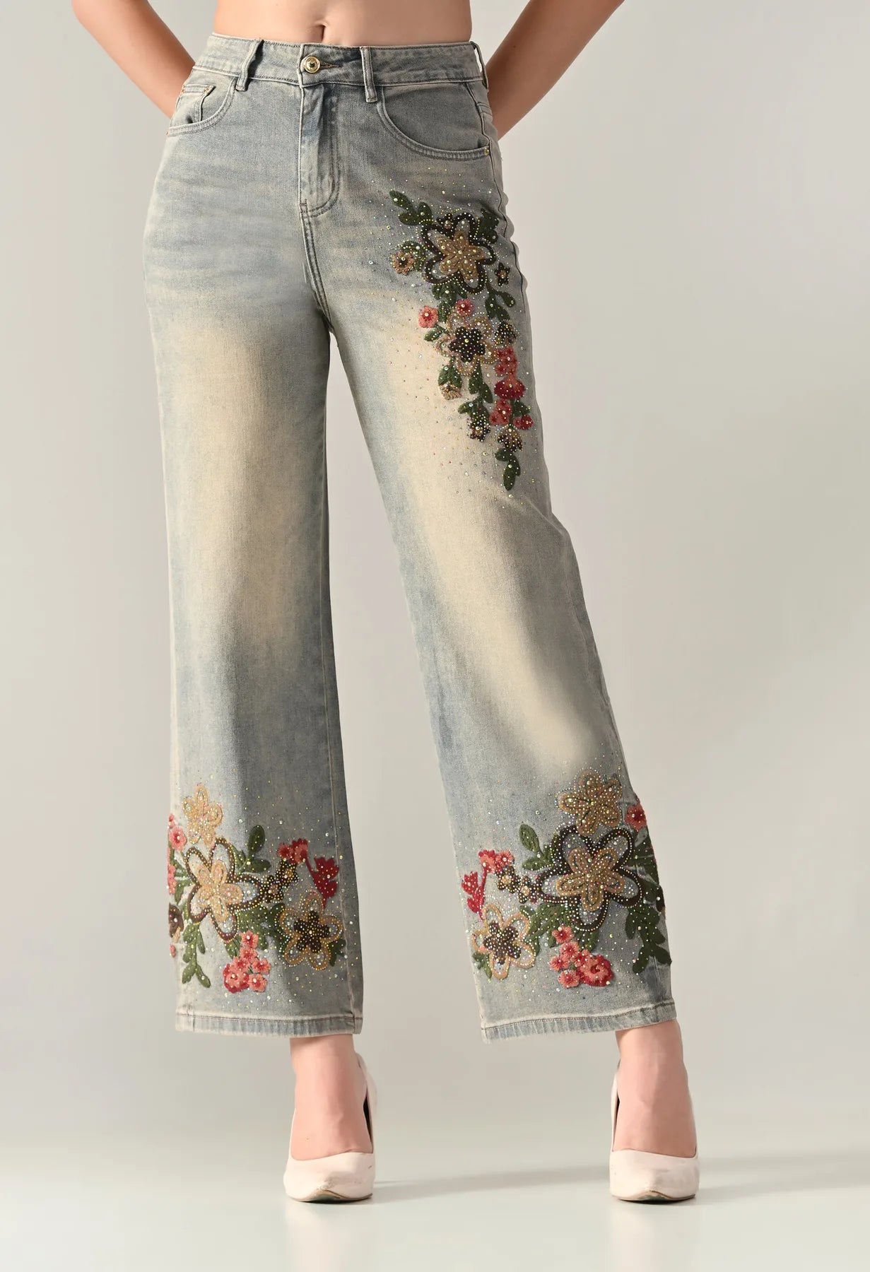 Rhinestone Embroidered Jeans
