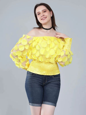 Lantern Sleeve Mesh Ruched Blouse