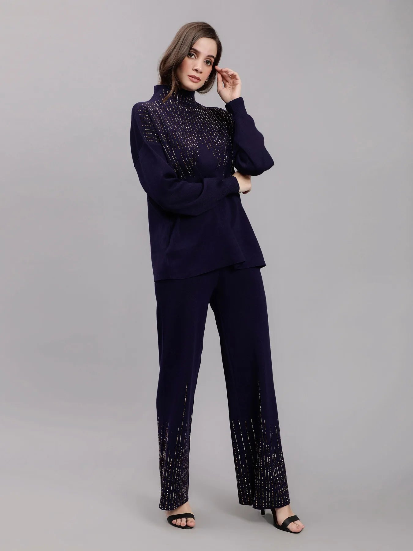 Metallic Rhinestone Knitted Two Piece Set