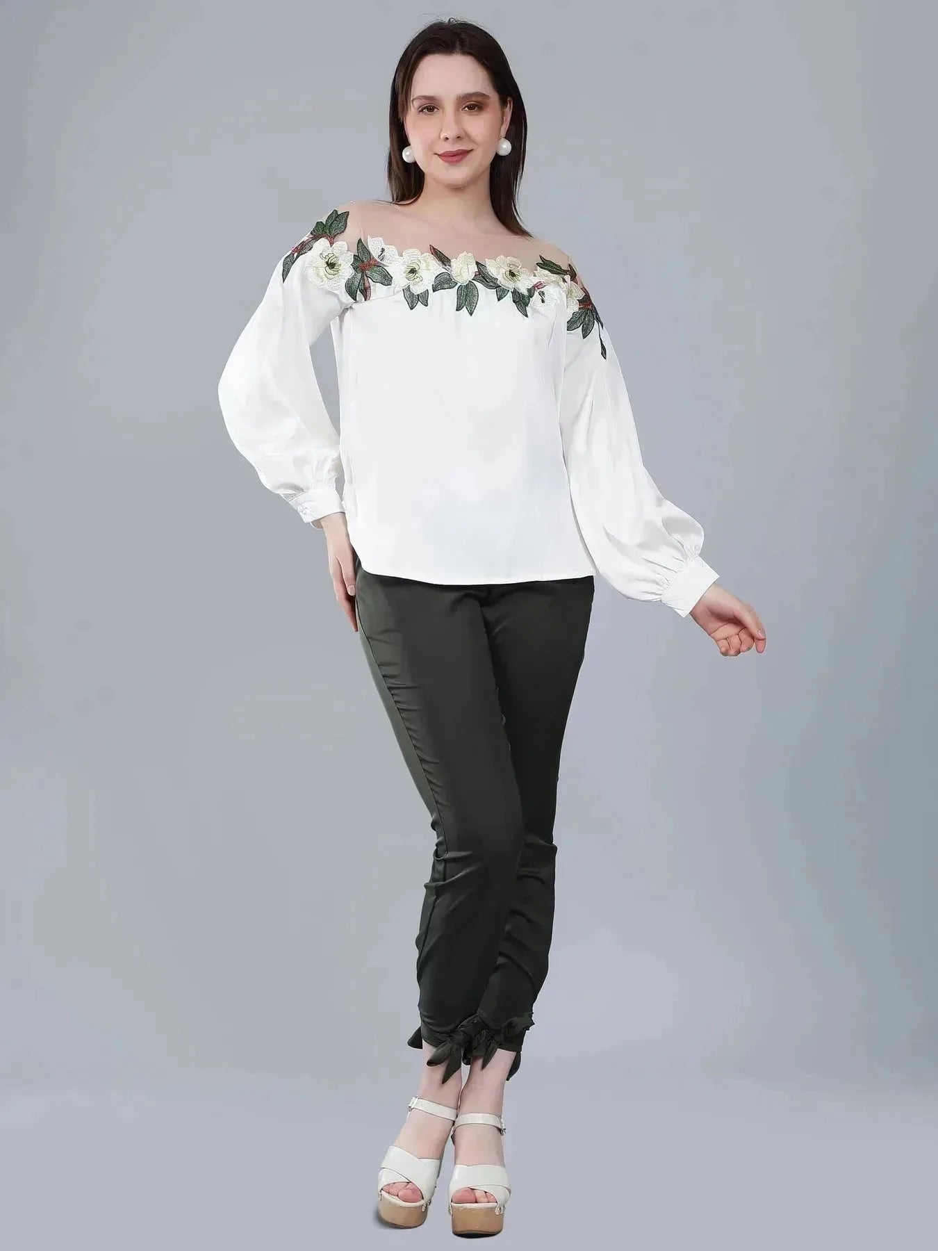 Flower Embroidery Satin Blouse