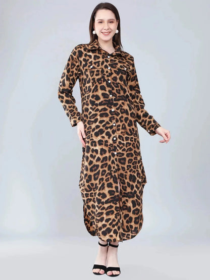 Leopard Print Long Shirt Dress