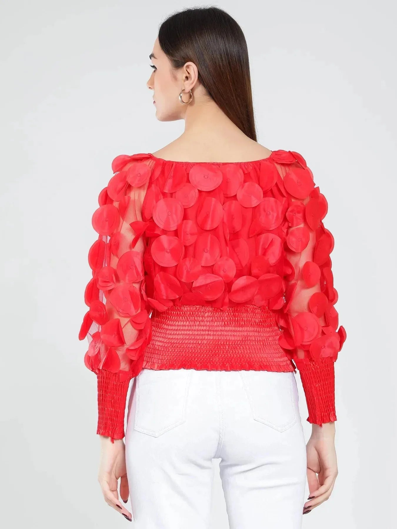 Lantern Sleeve Mesh Ruched Blouse