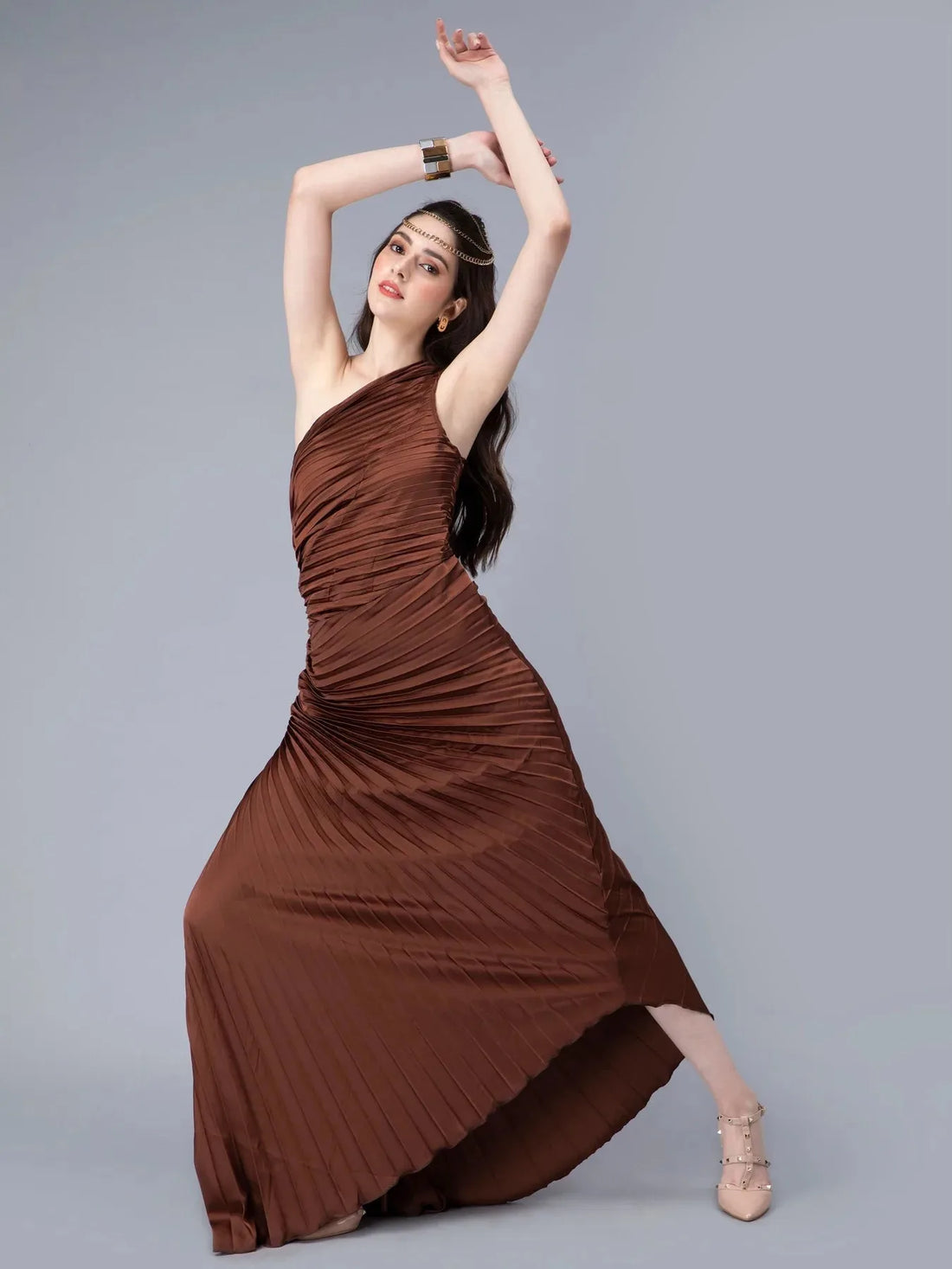 Fan Pleats One-Shoulder Dress