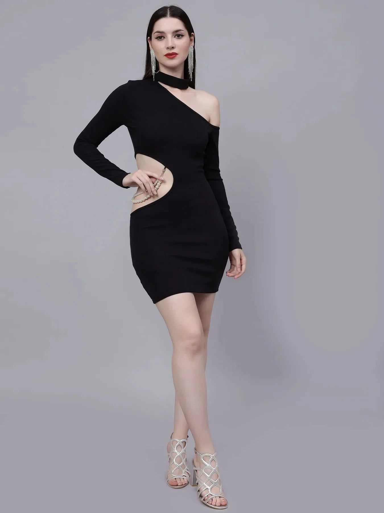 Pearl Detail Asymmetric Neck Cutout Dress