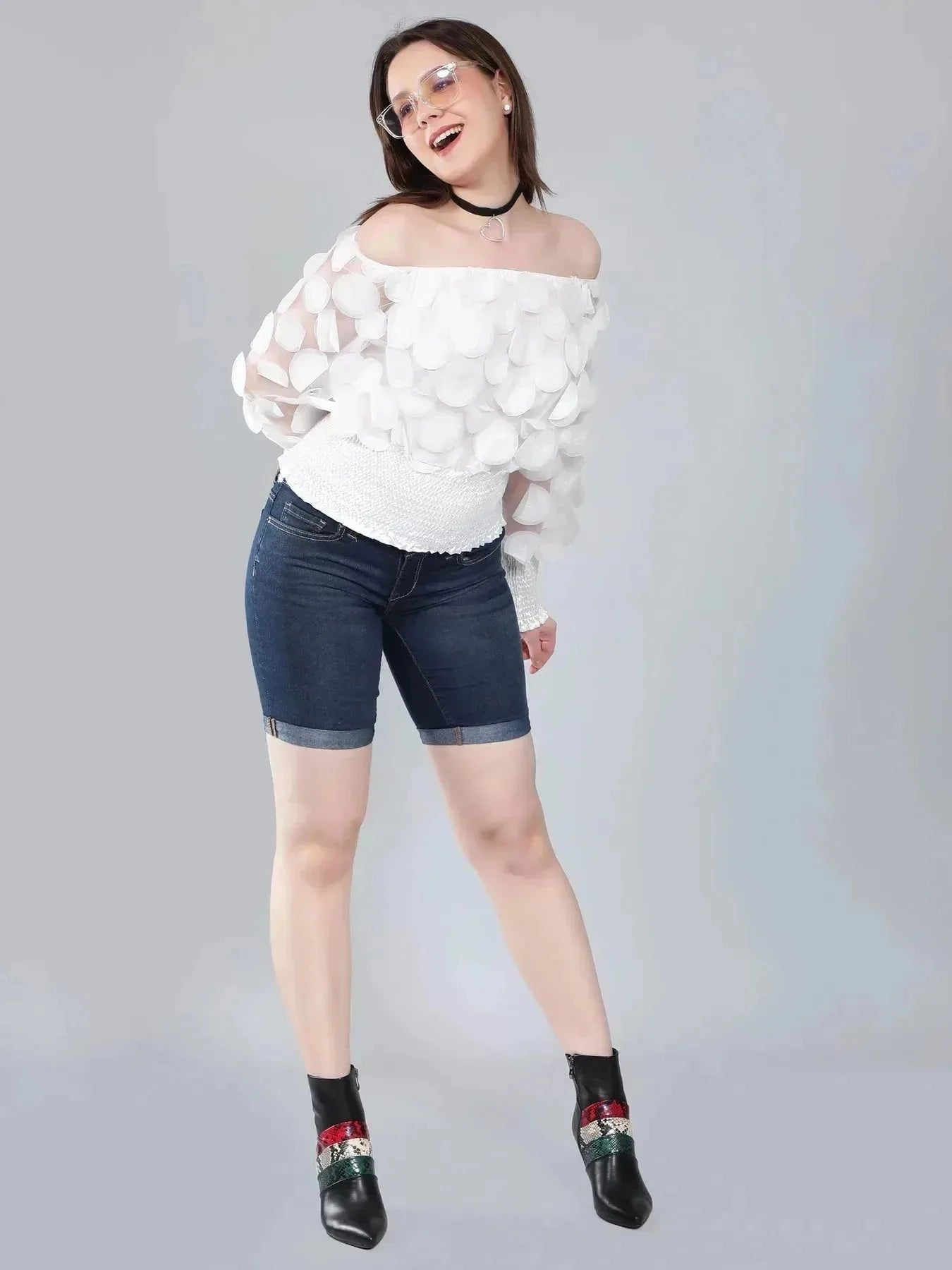 Lantern Sleeve Mesh Ruched Blouse