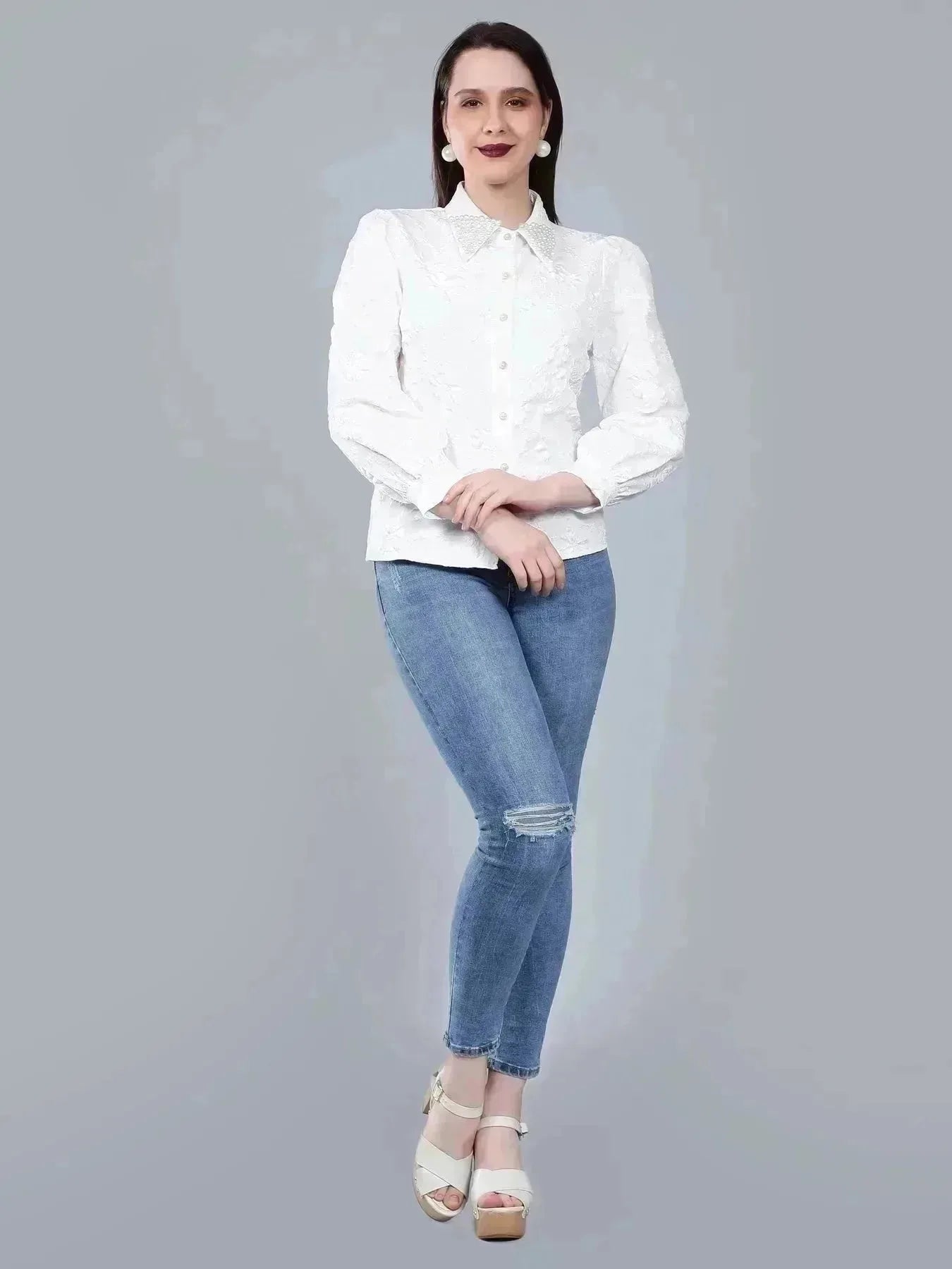 Pearl Beading Jacquard Shirt