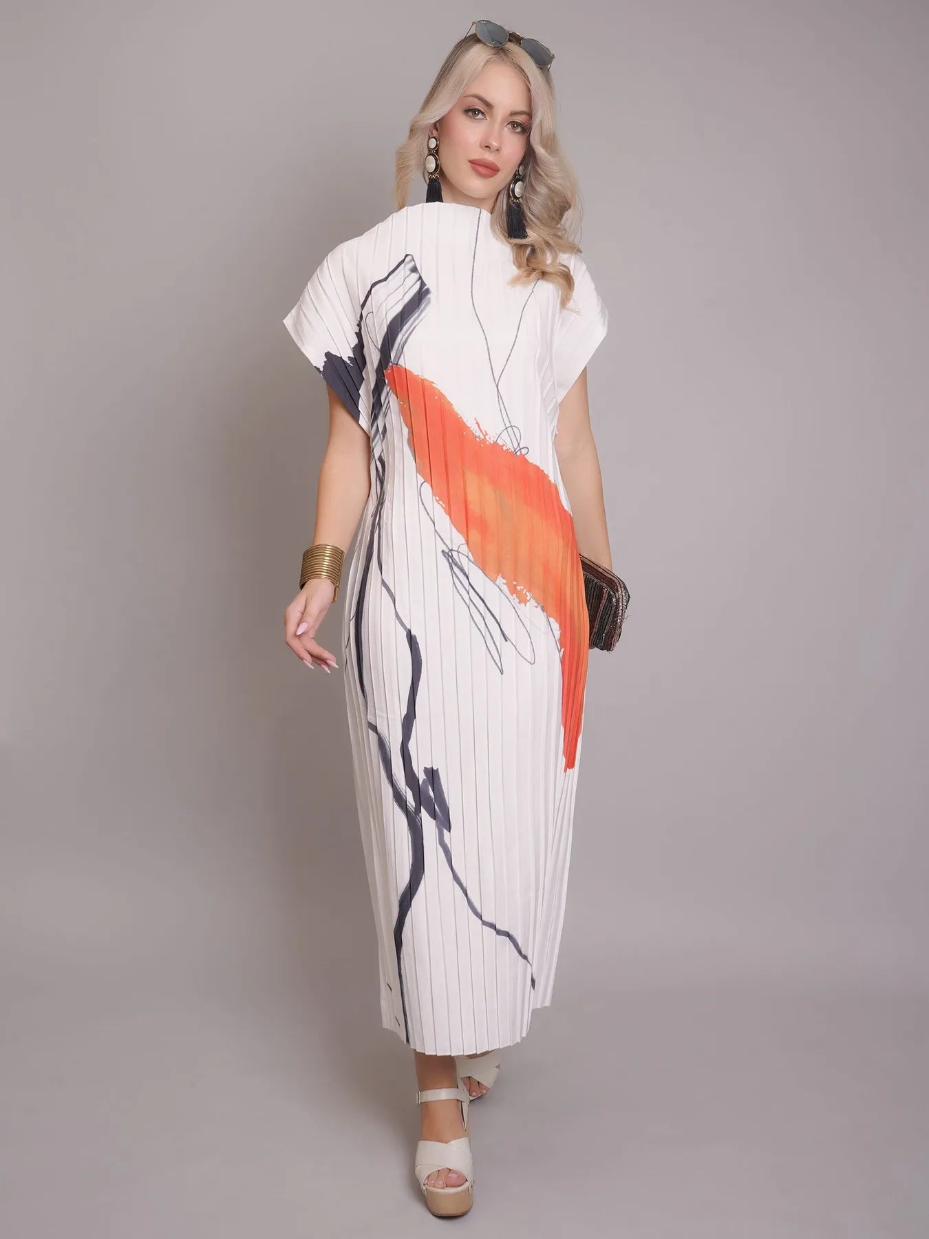 Printed Pleated Midi Dress