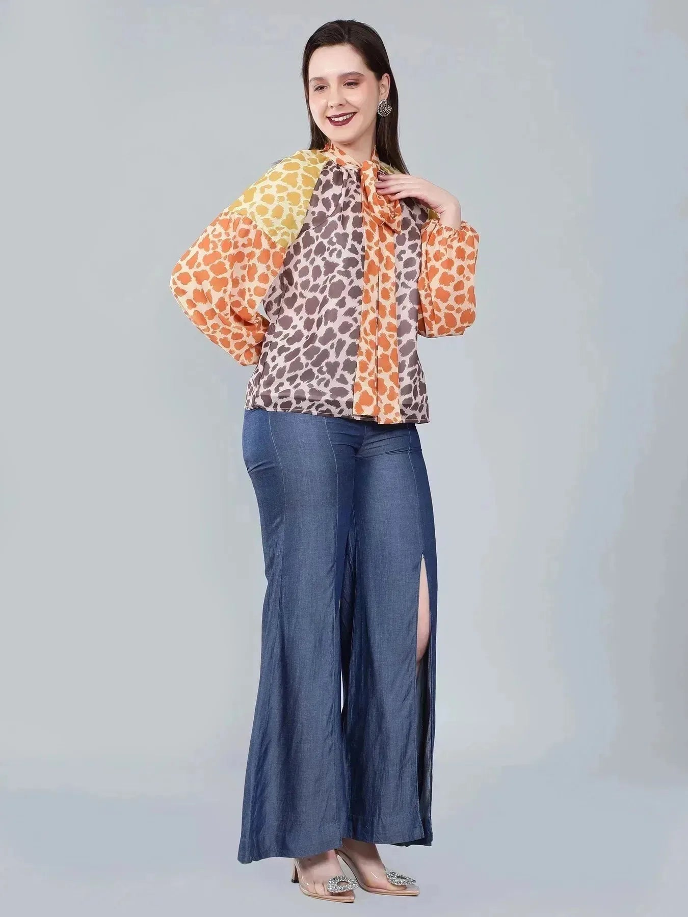 Leopard Print Colorblock Tie Neck Blouse