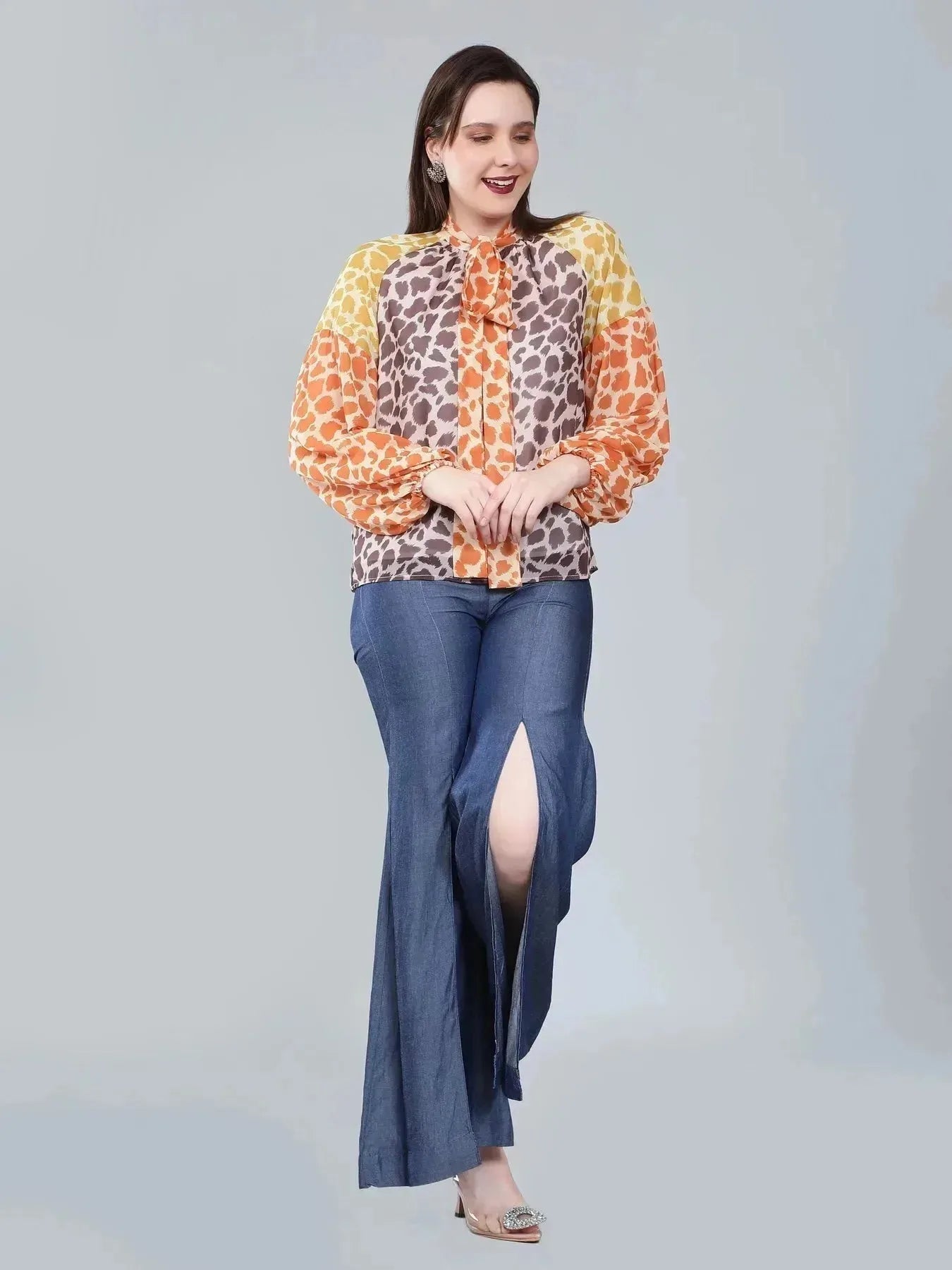 Leopard Print Colorblock Tie Neck Blouse