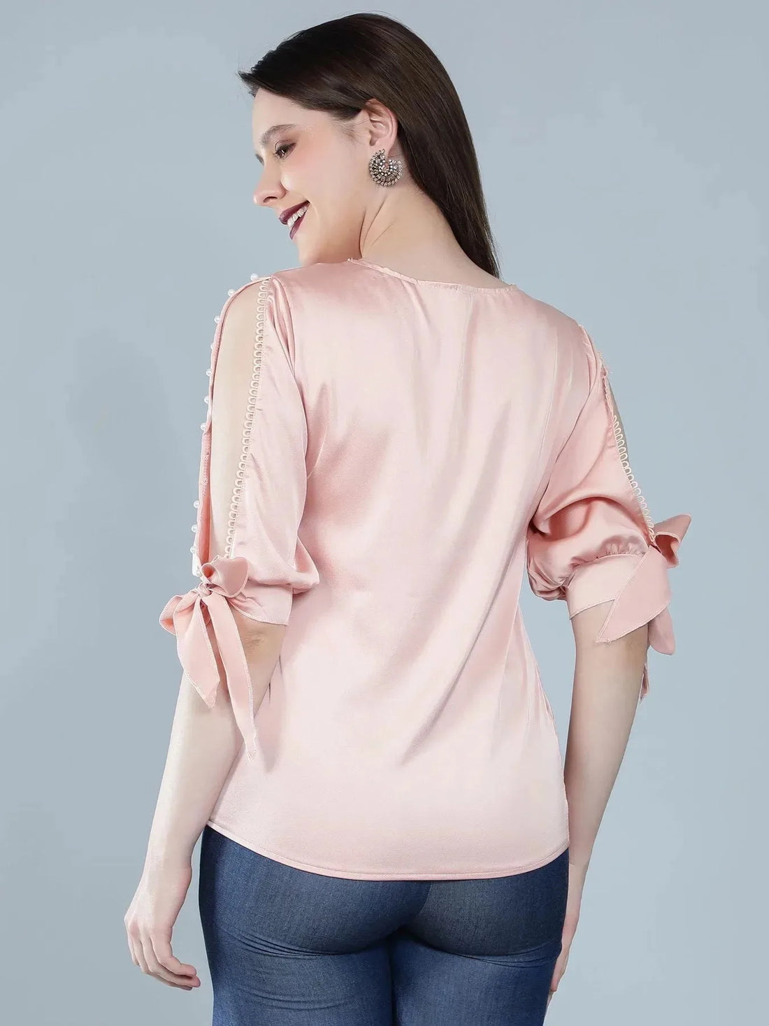 Pearl Knotted Slit Sleeve Blouse