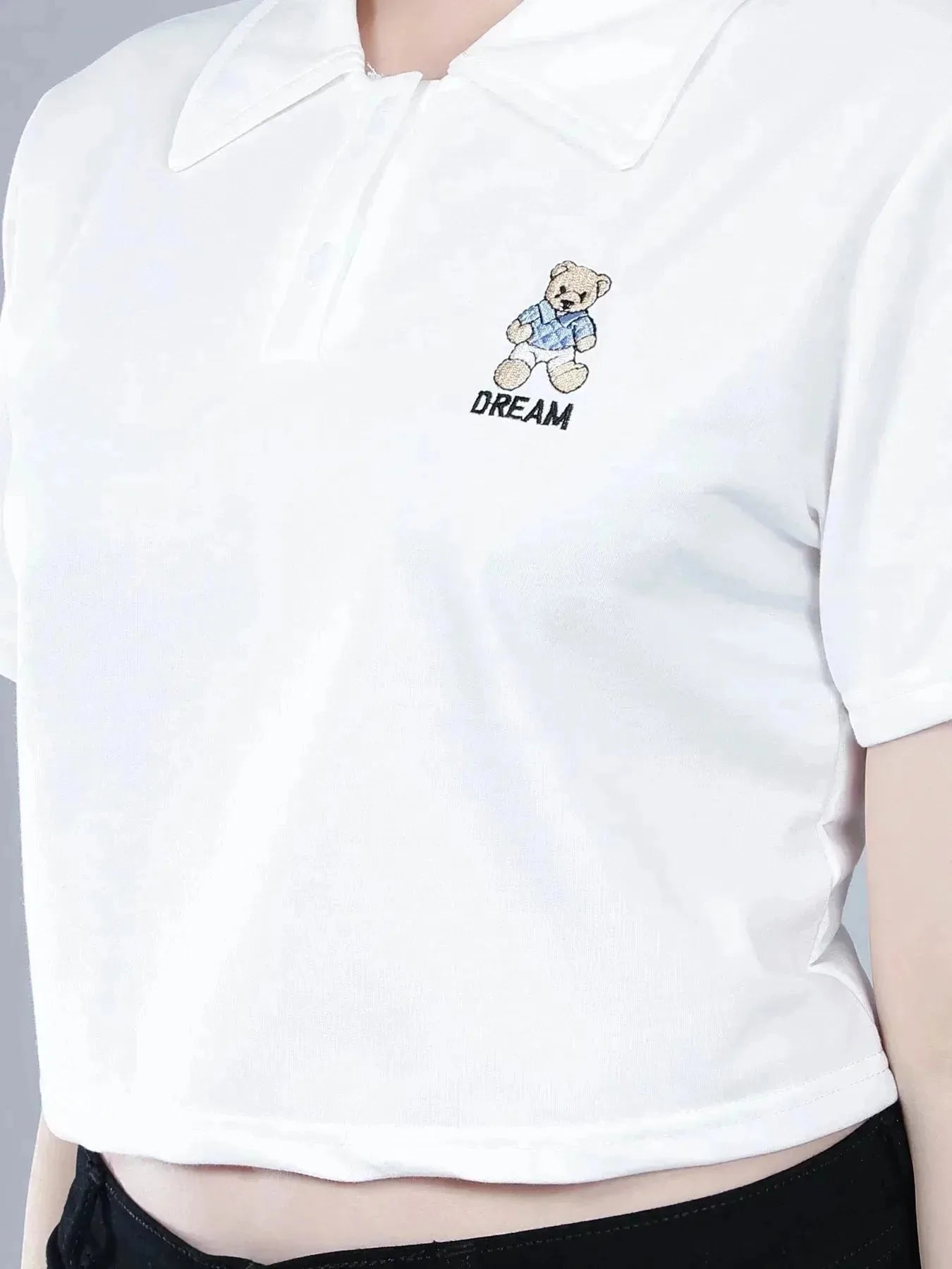Bear Embroidered Cropped Polo Tee