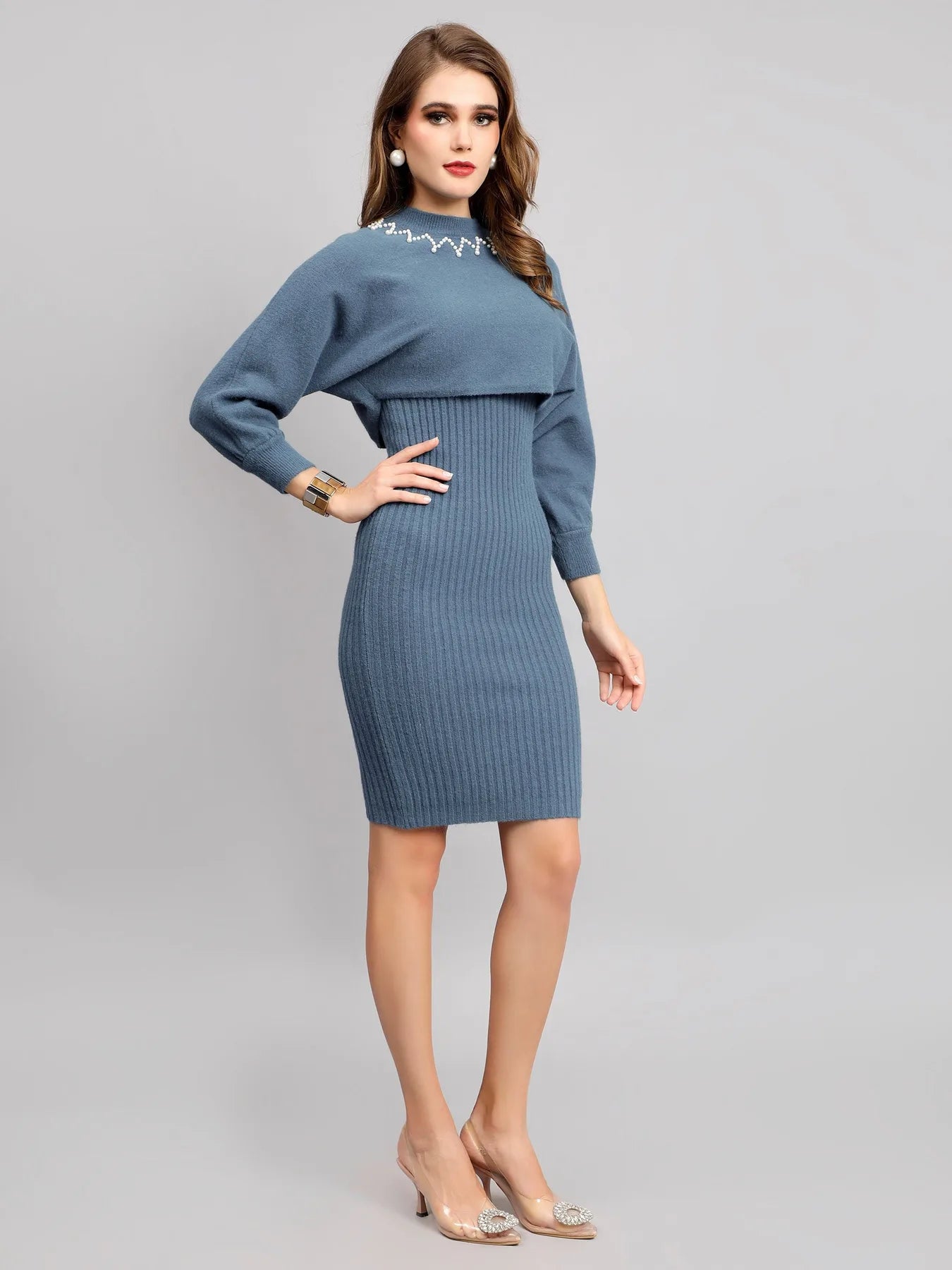Pearl Embellished Winter Knitted Two-Piece Set