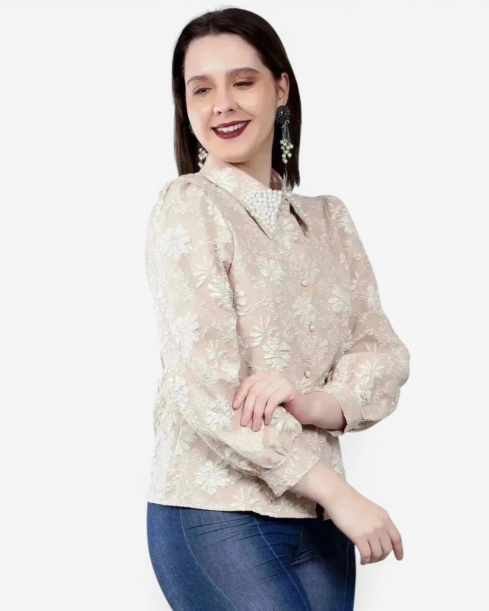 Pearl Beading Jacquard Shirt