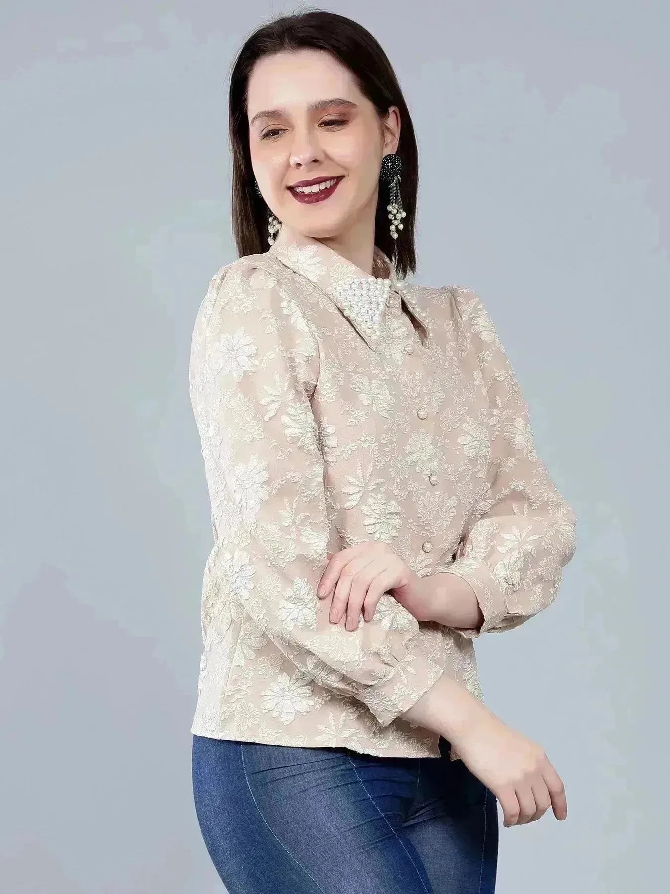 Pearl Beading Jacquard Shirt
