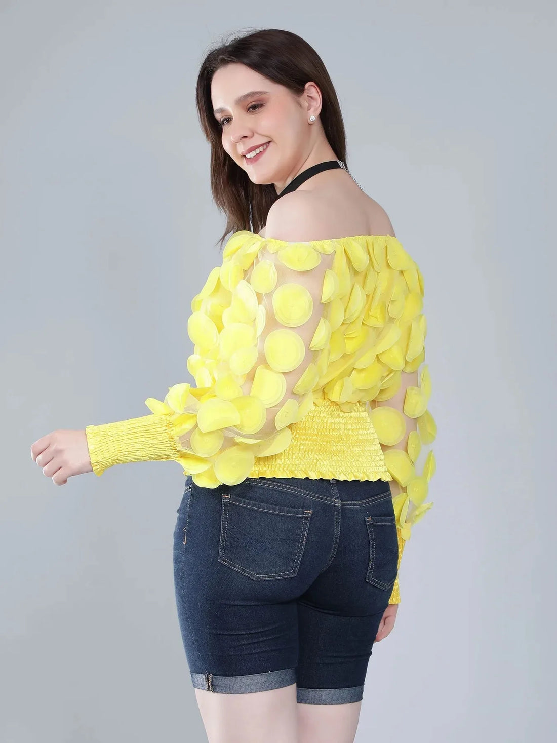 Lantern Sleeve Mesh Ruched Blouse