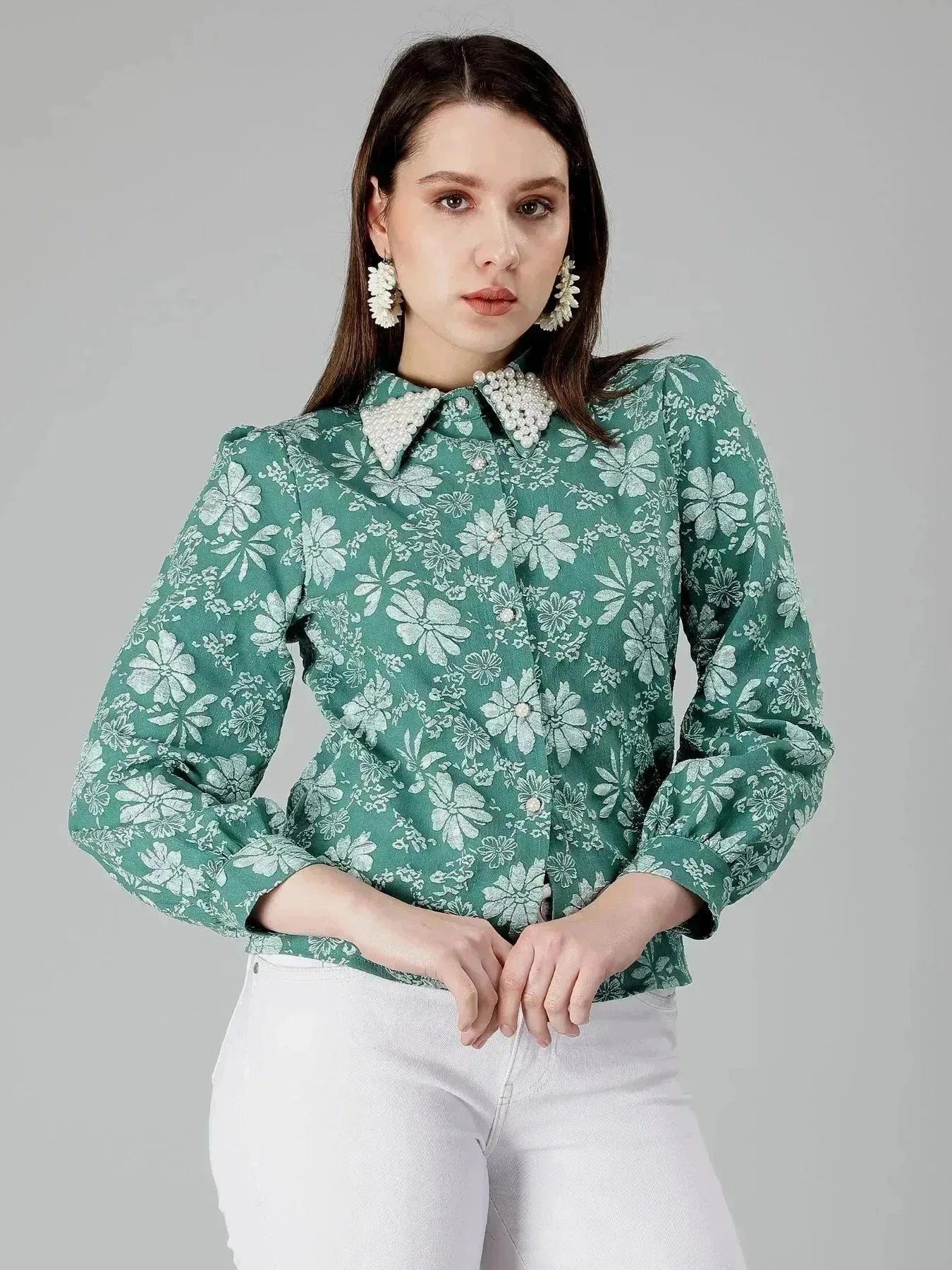 Pearl Beading Jacquard Shirt