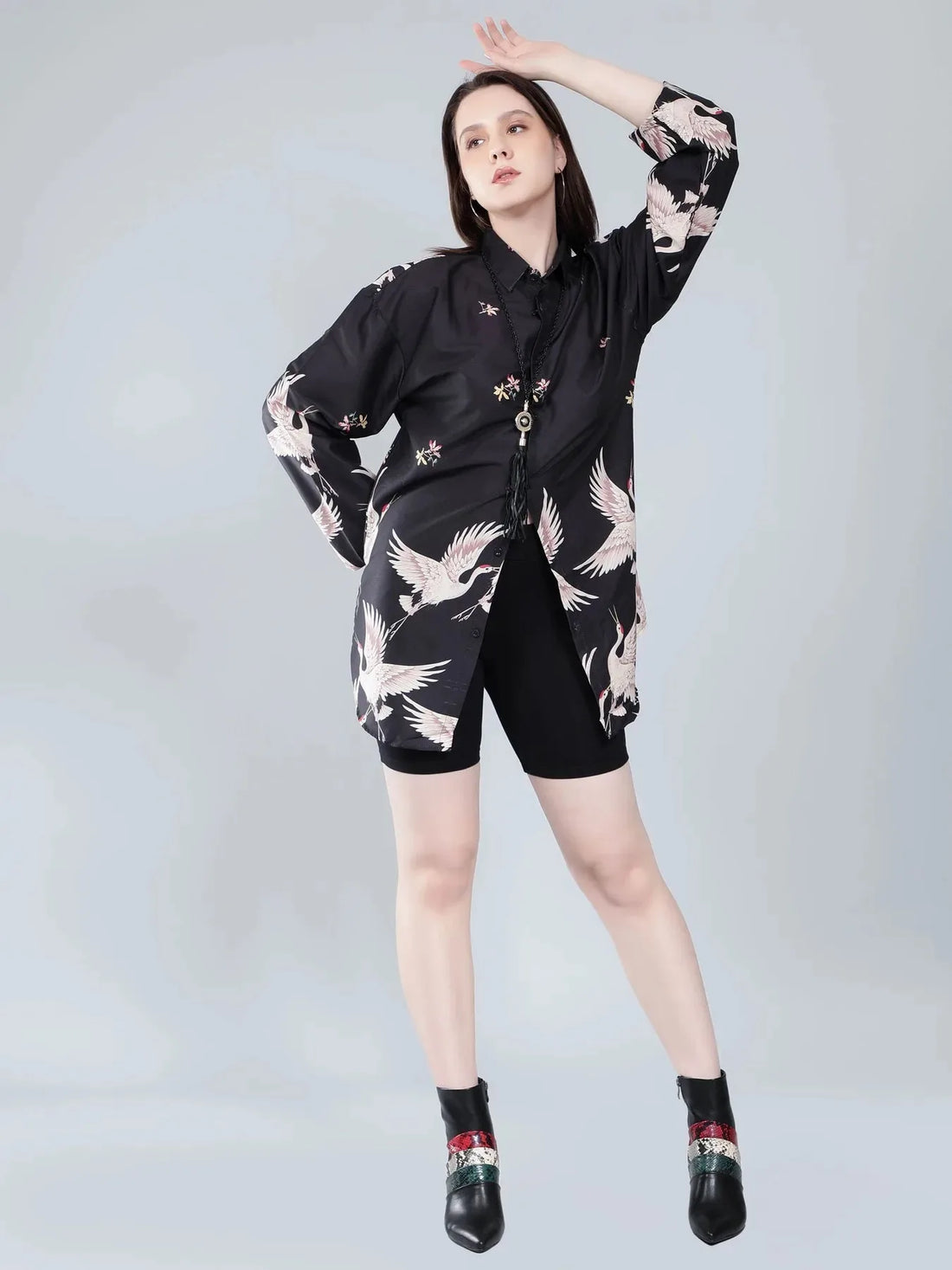 Crane Print Oversized Shirt
