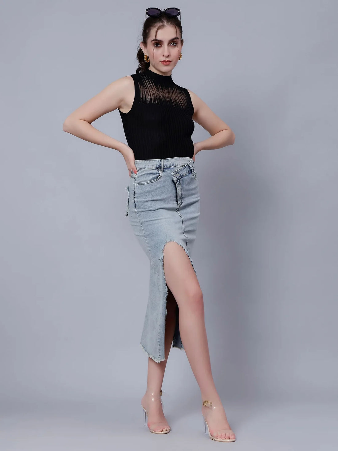 High-Rise Slit Frayed Denim Skirt