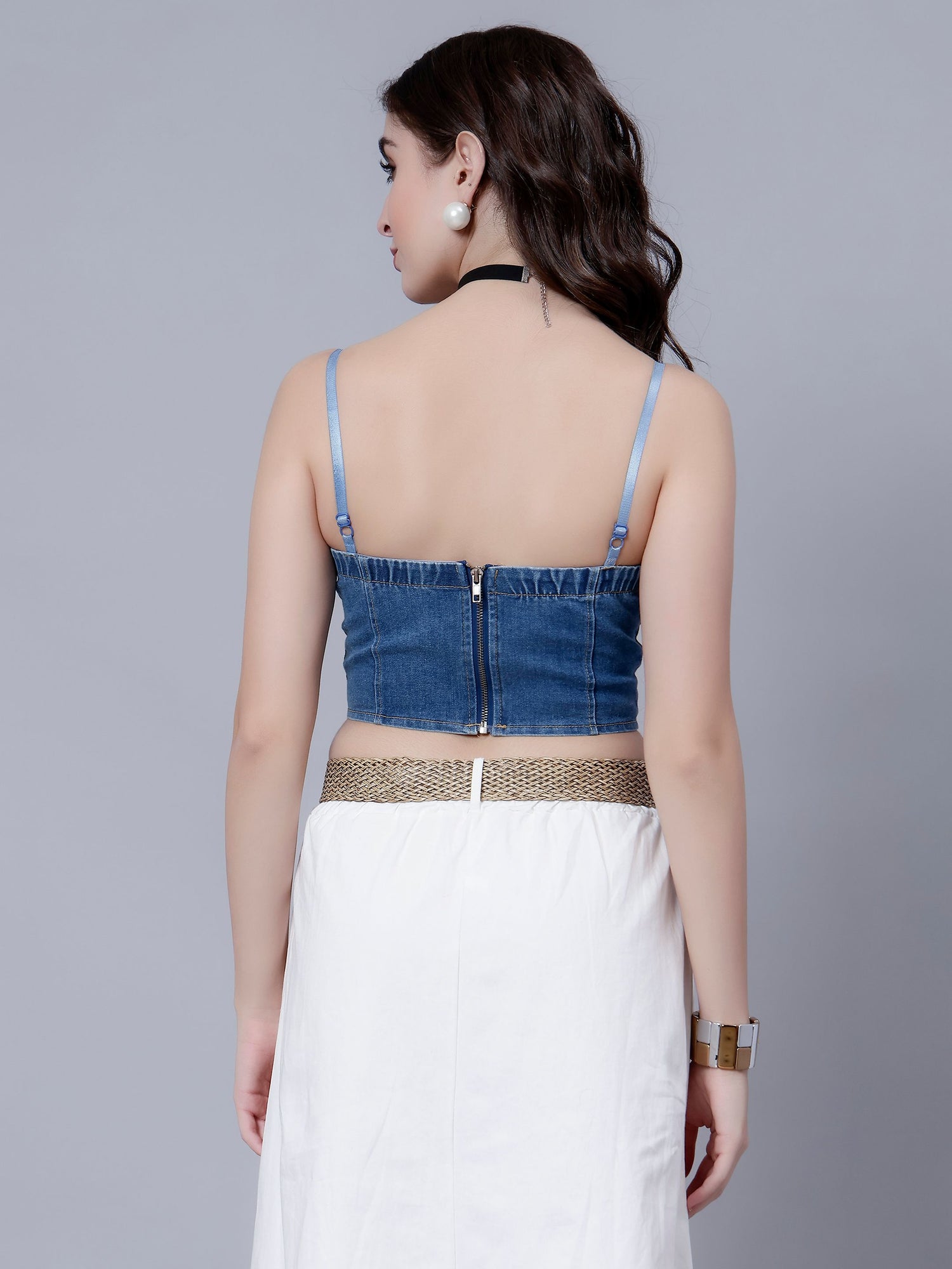 Lace-Up Denim Crop Top