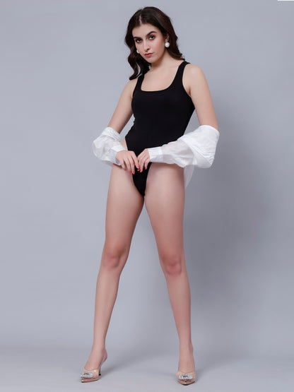 Black Ribbed High Cutout Bodysuit