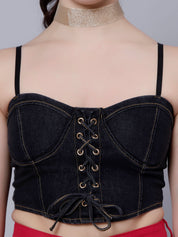 Lace-Up Denim Crop Top
