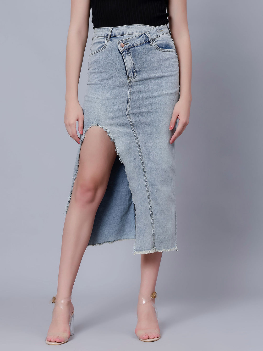 High-Rise Slit Frayed Denim Skirt