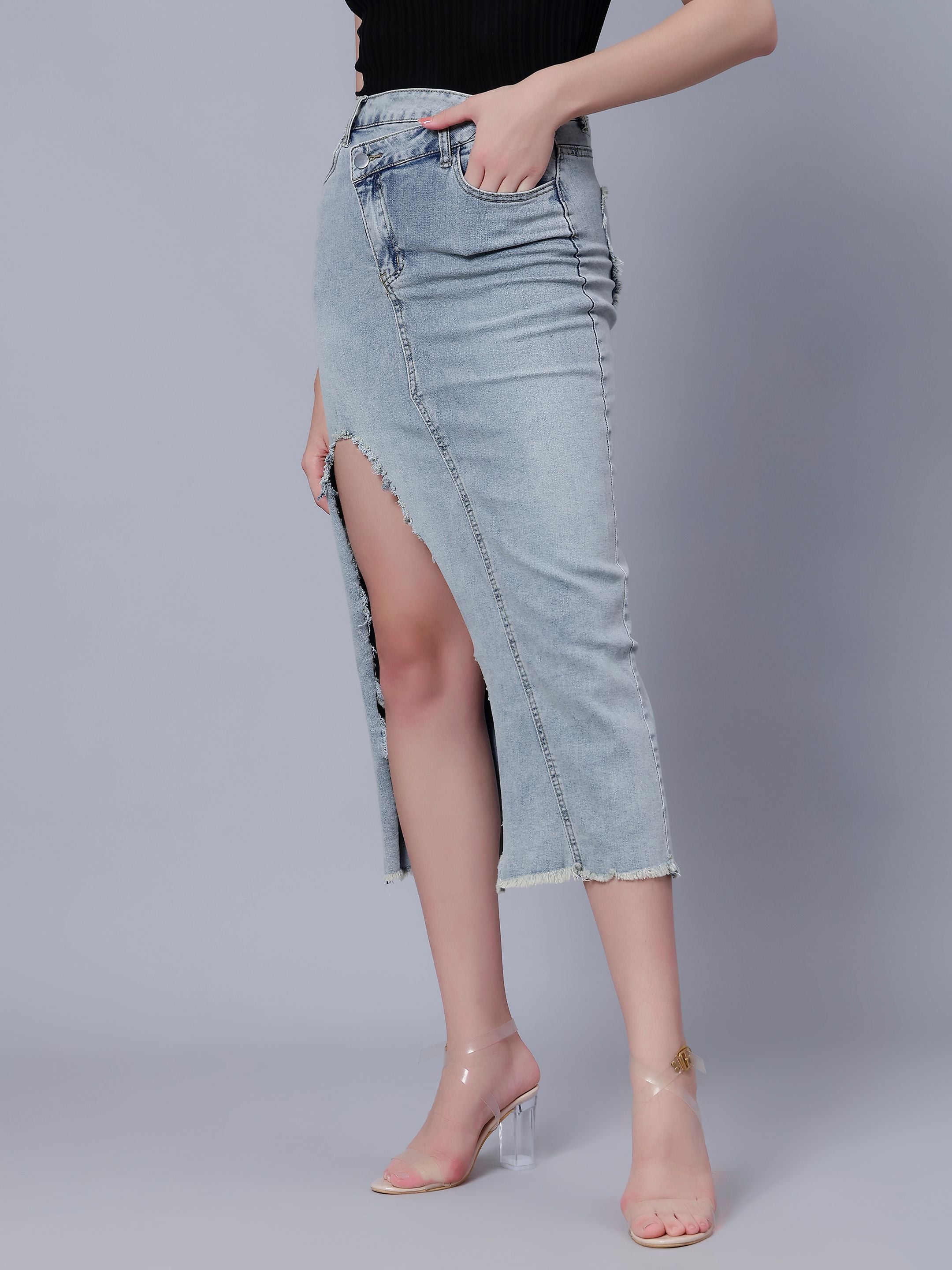 High-Rise Slit Frayed Denim Skirt