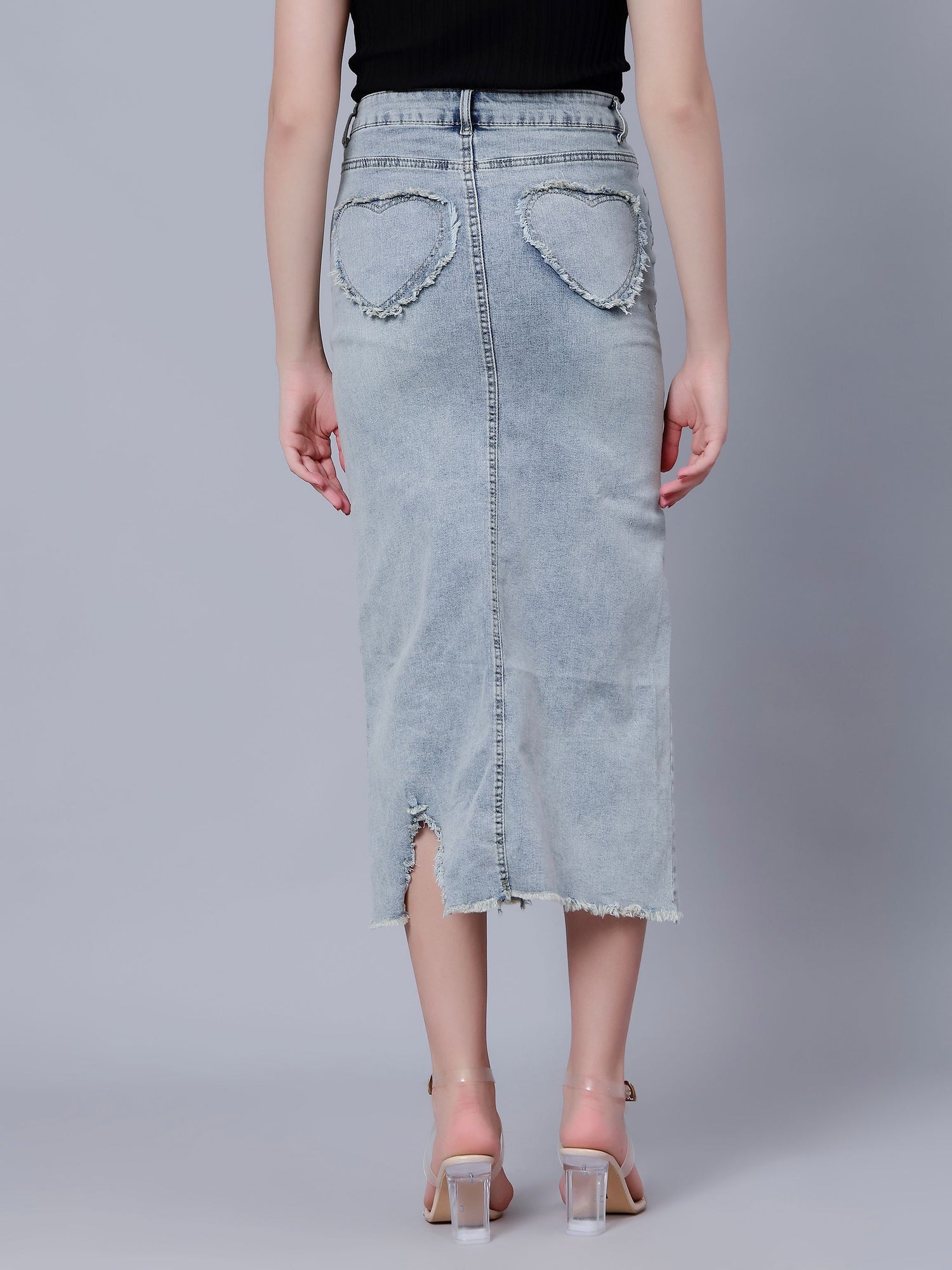 High-Rise Slit Frayed Denim Skirt