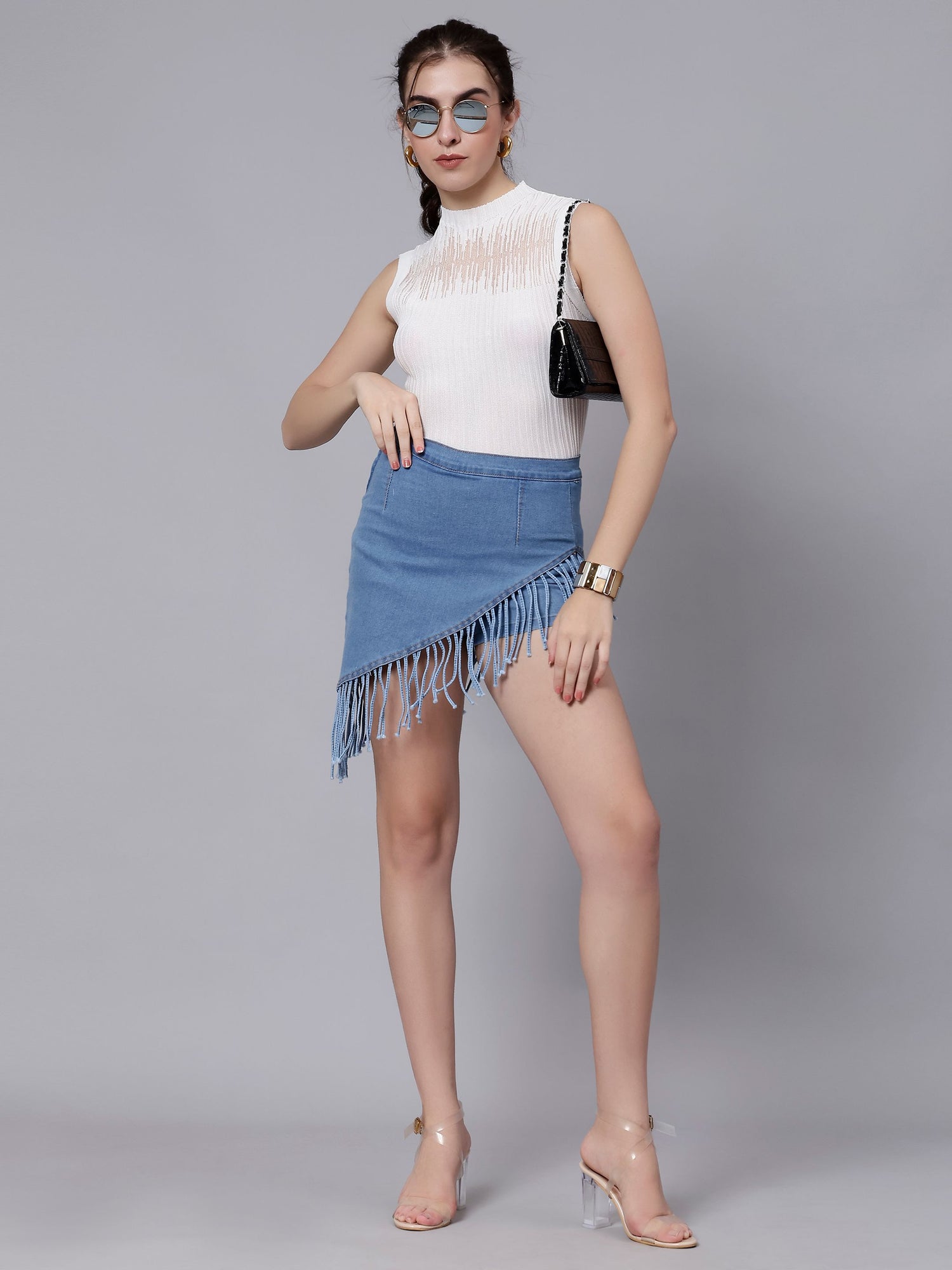 Irregular Fringed Denim Skirt