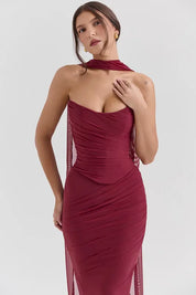 Draped Mesh Corset With Skirt Set