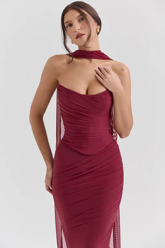 Draped Mesh Corset With Skirt Set