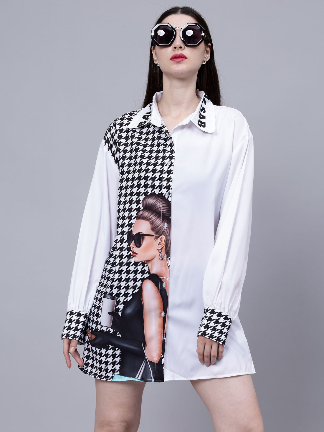 Houndstooth Pattern Oversized Shirt