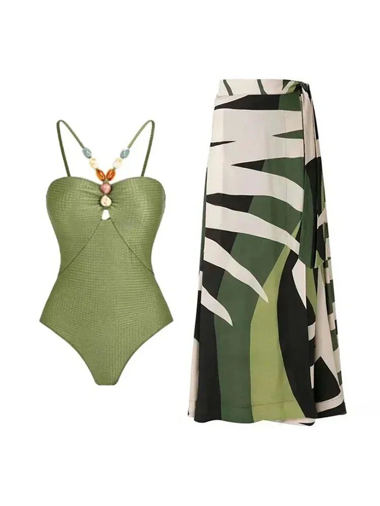 Stone Beads Monokini With Coverup