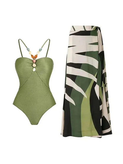 Stone Beads Monokini With Coverup